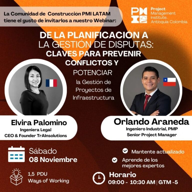 Affiche du webinaire de PMI Antioquia « De la planification à la gestion des litiges » avec Elvira Palomino, CEO de TraINsolutions, et Orlando Araneda, PMP, le samedi 8 novembre