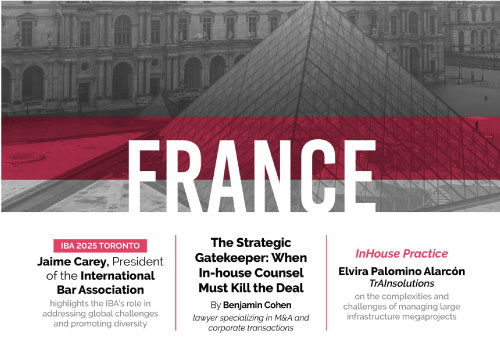 Page « France » de The Legal Industry avec la rubrique InHouse Practice consacrée à Elvira Palomino Alarcón, TrAInsolutions, sur la gestion des méga-projets d’infrastructure