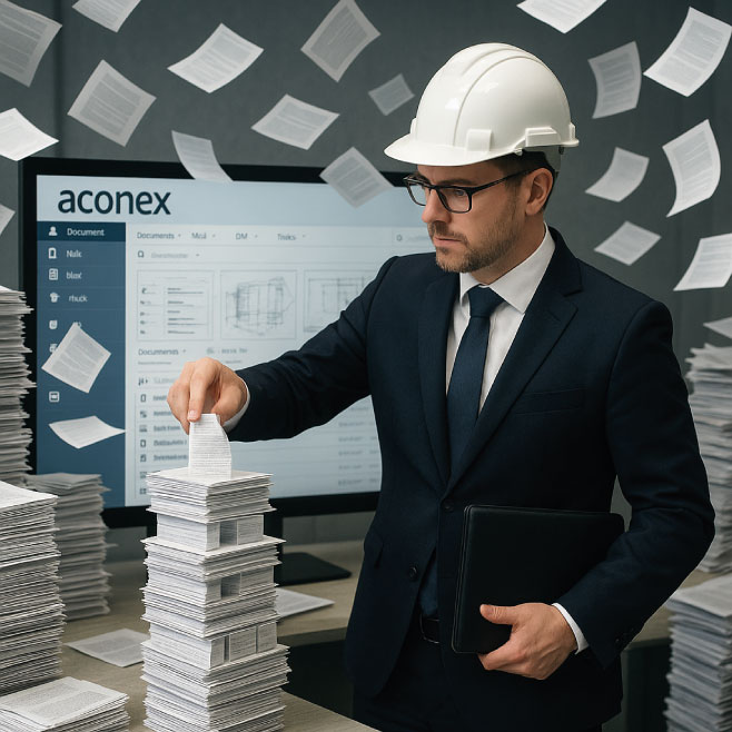 Profesional de traje y casco de obra apilando documentos en papel frente a una pantalla con la plataforma documental Aconex