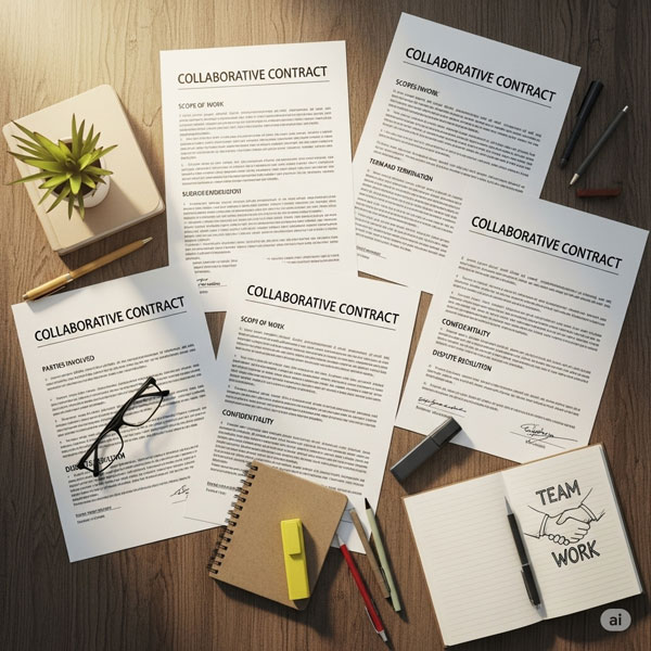 Varios ejemplares de «Collaborative Contract» sobre un escritorio de madera, con gafas, bolígrafos y una libreta con el dibujo de un apretón de manos «Team Work»