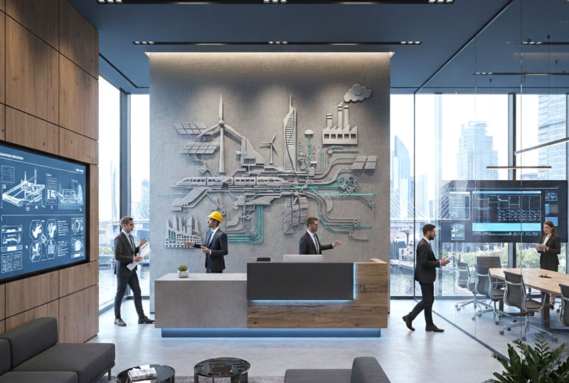 Hall de bureaux moderne avec une fresque murale représentant infrastructures, énergie et ferroviaire, et des professionnels en discussion, dont une personne portant un casque de chantier