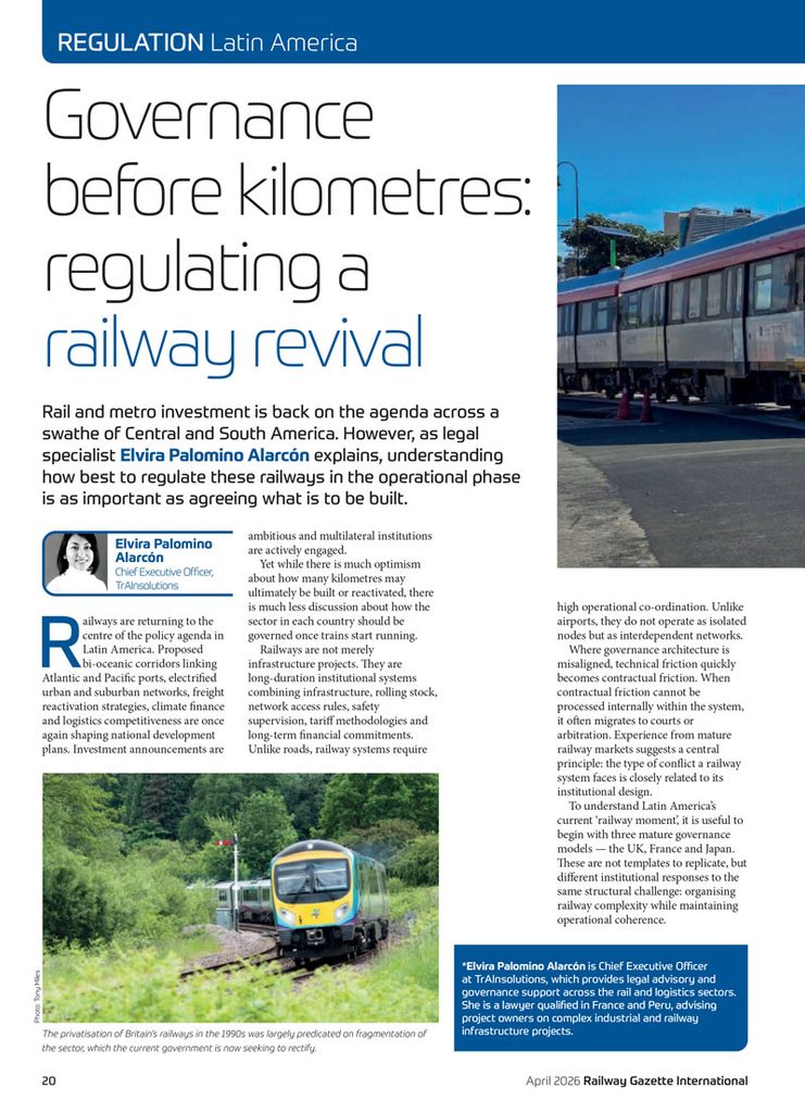 Page 20 de Railway Gazette International d’avril 2026 : article « Governance before kilometres: regulating a railway revival » d’Elvira Palomino Alarcón