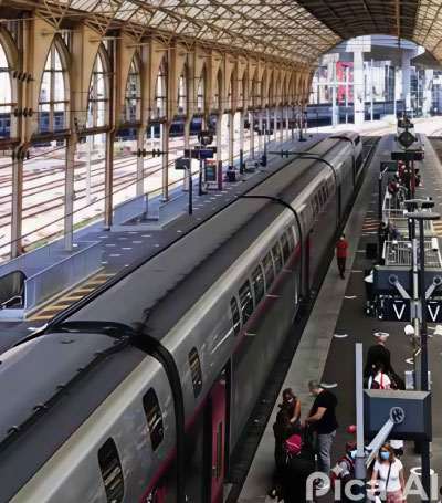 Tren TGV en el andén bajo la marquesina de una gran estación francesa