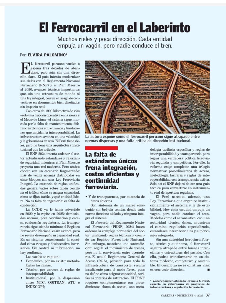 Page 37 du magazine Caretas du 4 décembre 2025 : article « El Ferrocarril en el Laberinto » d’Elvira Palomino, illustré par des voies ferrées qui se croisent