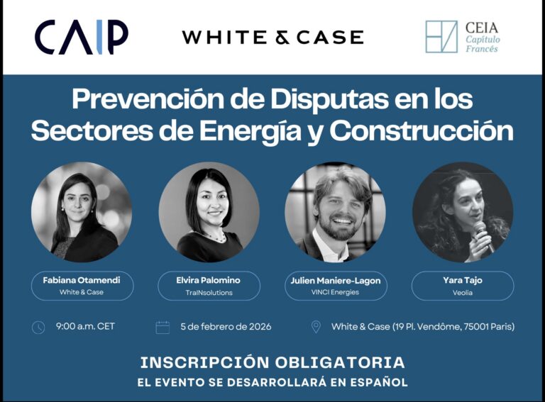 Affiche de la conférence « Prévention des litiges dans les secteurs de l’énergie et de la construction » avec Fabiana Otamendi (White & Case), Elvira Palomino (TraINsolutions), Julien Maniere-Lagon (VINCI Energies) et Yara Tajo (Veolia), le 5 février 2026 chez White & Case à Paris